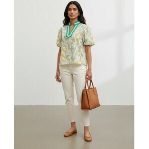 Entro Floral Puff Sleeve Cotton Top Contrast V-Neck Womens S